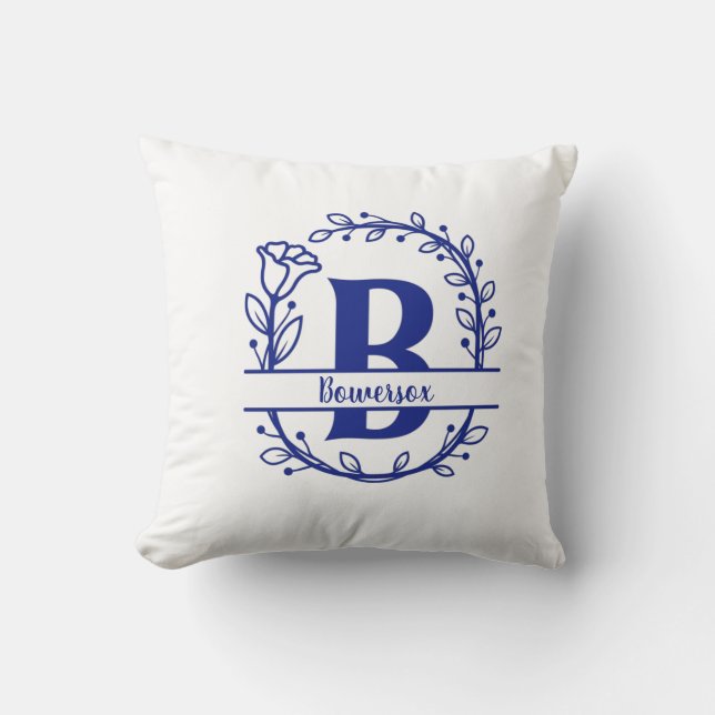 Blå delad monogram blommig monogram B Kudde (Framsida)