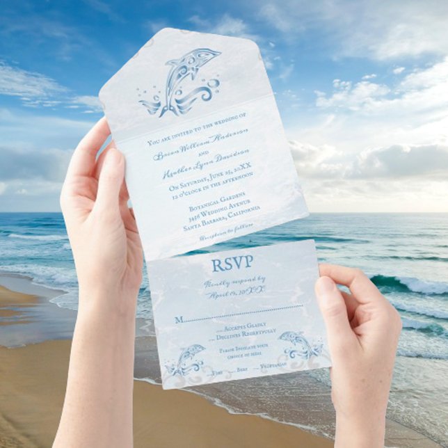Blå delfin allt i en bröllopsinbjudan (Blue Dolphin All in One Wedding Invite)