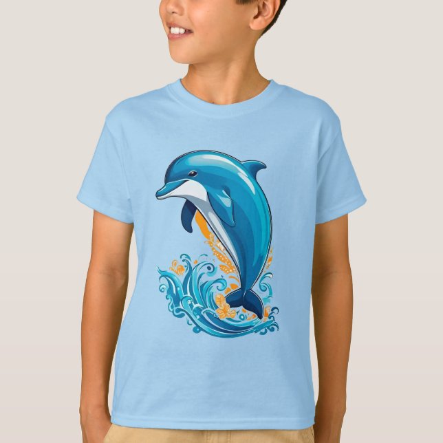Blå delfin hoppar över havsvågor t shirt (Framsida)