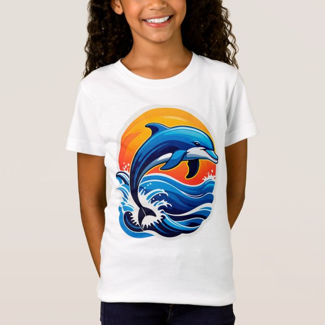 Blå delfin hoppar över havsvågor t shirt (Framsida)
