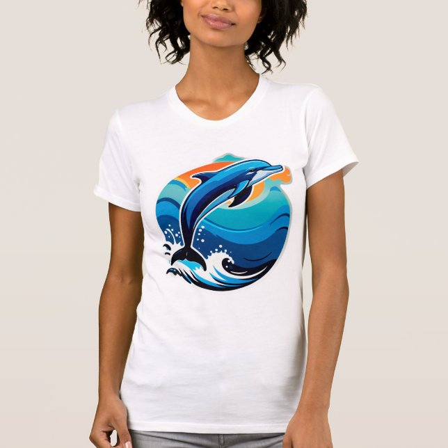 Blå delfin hoppar över havsvågor t shirt (Framsida)