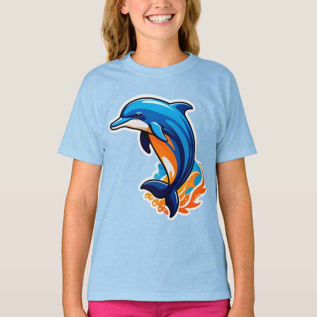 Blå delfin hoppar över havsvågor t shirt (Framsida)
