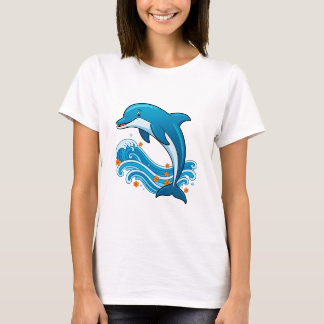 Blå delfin hoppar över havsvågor t shirt (Framsida)