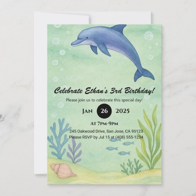 Blå delfin & Oceanträdgård Illustration Födelsedag Inbjudningar (Framsida)