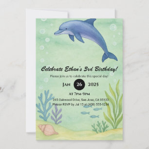 Blå delfin & Oceanträdgård Illustration Födelsedag Inbjudningar