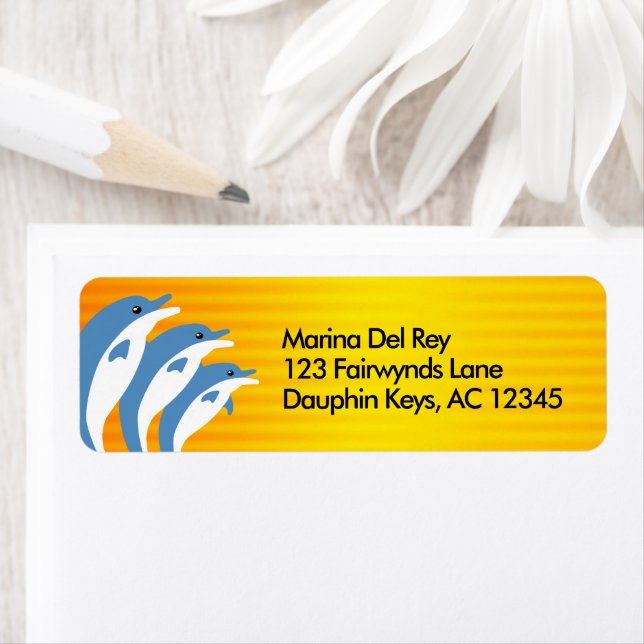 Blå delfiner som dansar i Tropical Sol Returadress Etikett (Insitu)