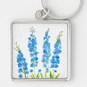 Blå delfinhalt, vattenfärgad elegant, blommigt, ru fyrkantig silverfärgad nyckelring