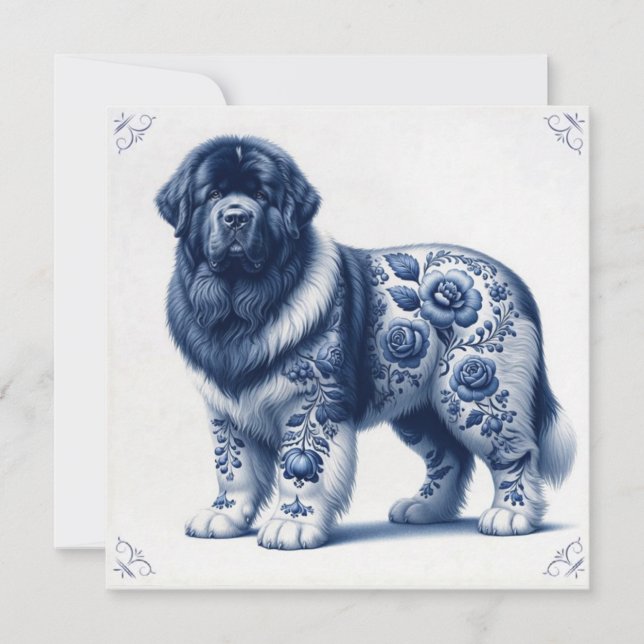 Blå Delft Landseer Newfoundland Inbjudningar (Framsida)