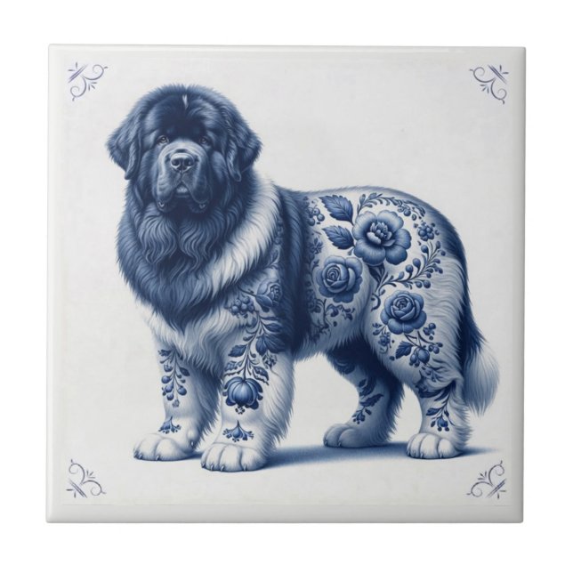Blå Delft Landseer Newfoundland Kakelplatta (Framsidan)