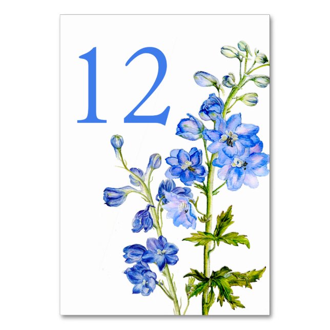 Blå delphinium art bröllop bordsnummer (Baksidan)