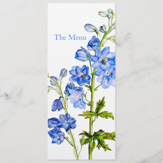 Blå delphinium art bröllop middag Meny (Framsida)