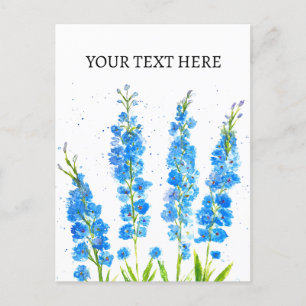 Blå delphinium blomster vattenfärg elegant rustik vykort