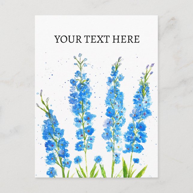 Blå delphinium blomster vattenfärg elegant rustik vykort (Framsida)