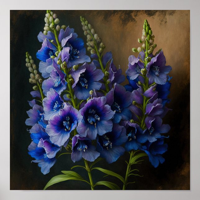Blå Delphinium Flowers Art Skriv ut Poster (Framsidan)