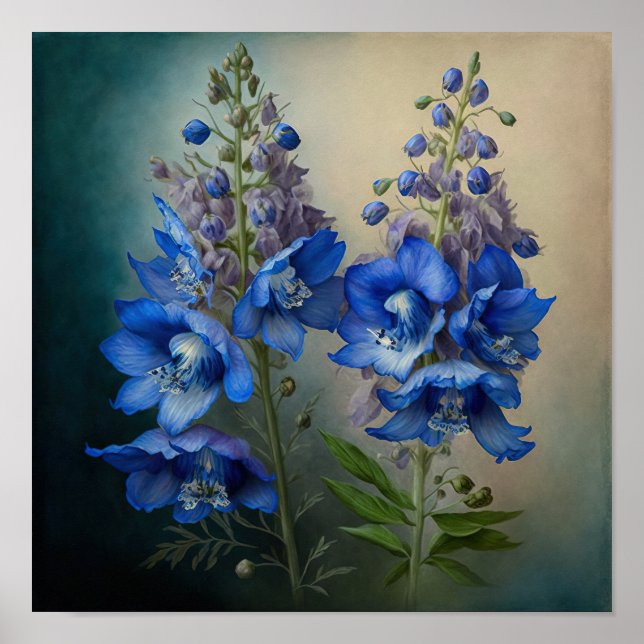 Blå Delphinium Flowers Art Skriv ut Poster (Framsidan)