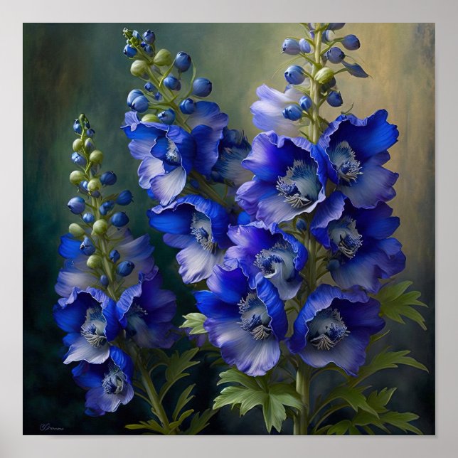 Blå Delphinium Flowers Art Skriv ut Poster (Framsidan)