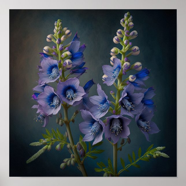 Blå Delphinium Flowers Art Skriv ut Poster (Framsidan)