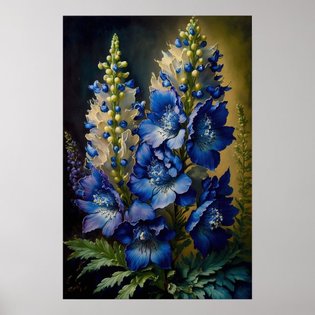 Blå Delphinium Flowers Art Skriv ut Poster (Framsidan)