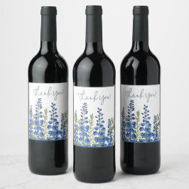 Blå Delphinium Flowers-Tacken i juli Vinflaska Etikett