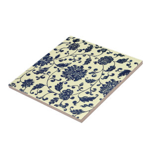 Blå deltblommor och Löv ~ * ~ Kakelplatta