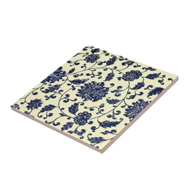 Blå deltblommor och Löv ~ * ~ Kakelplatta (Sidan)