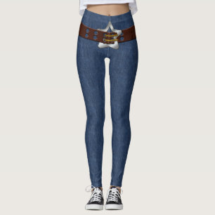 Blå Denim Brown Leather Bälte Silver Star Buckle Leggings