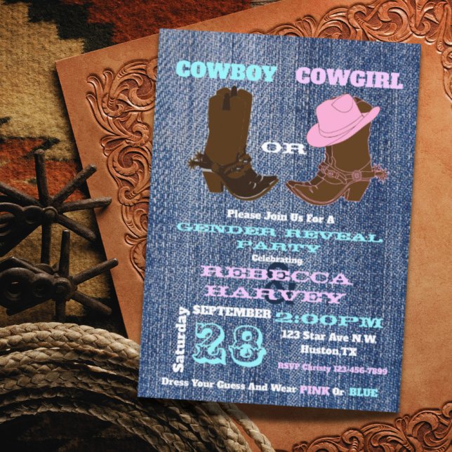 blå denim cowboy eller cowgirl-gender avslöjar par inbjudningar (blue denim cowboy or cowgirl gender reveal party invitation)