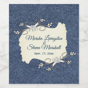 Blå denim Design Namn och datum Vinflaska Etikett