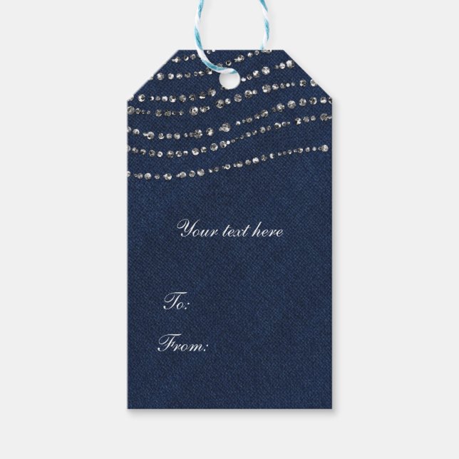 Blå Denim & Diamanter Glitter Bling Fest Presentetikett (Framsidan)