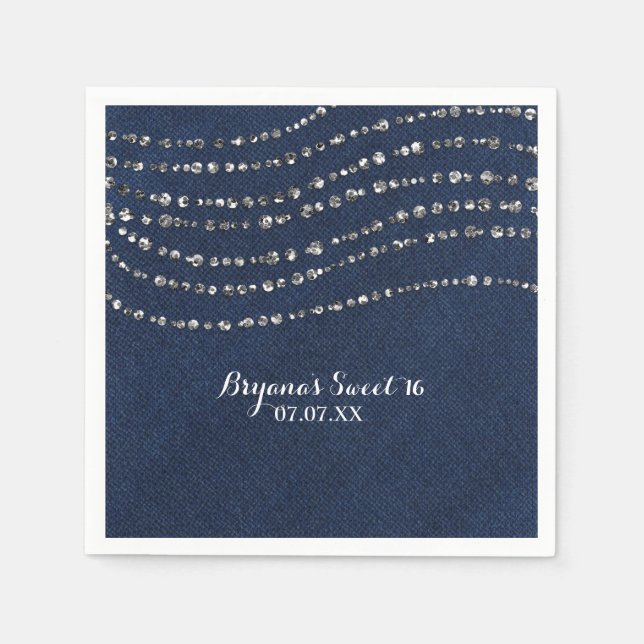 Blå Denim & Diamanter Gnistrar Bling Födelsedagsfe Pappersservett (Framsidan)