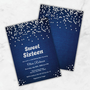 Blå Denim & Diamanter Sweet Sixteen 16-årsdag Inbjudningar