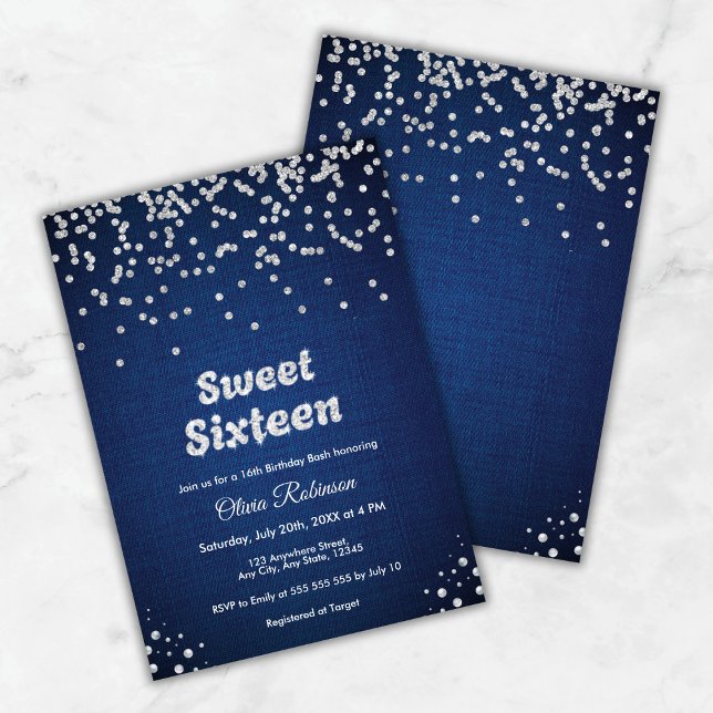 Blå Denim & Diamanter Sweet Sixteen 16-årsdag  Inbjudningar (Blue Denim & Diamonds Sweet Sixteen 16th Birthday Invitation )