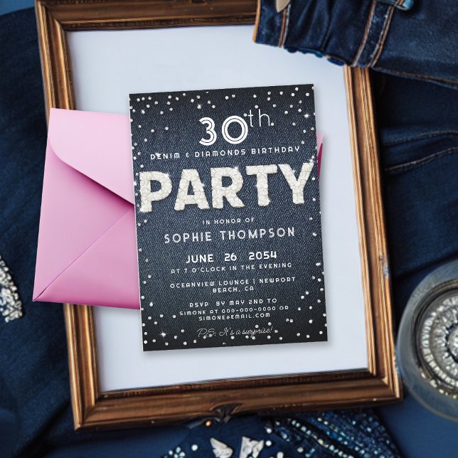 Blå denim Diamonds Glitter oavsett Födelsedagsfest Inbjudningar (Denim and Diamonds 30th Birthday Party Invitation for Women Classy Rhinestones Dropes Bling Party)