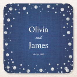 Blå denim Diamonds Pearls Bröllop Pearls Couple's Underlägg Papper Kvadrat