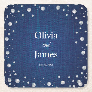 Blå denim Diamonds Pearls Bröllop Pearls Couple's  Underlägg Papper Kvadrat
