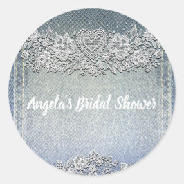 Blå Denim Jean & Vit Spets Bröllopsdusch Runt Klistermärke