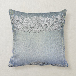 Blå Denim Jean & Vitt Spetskrage Kudde