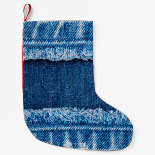 Blå denim jeans tyg struktur liten julstrumpa