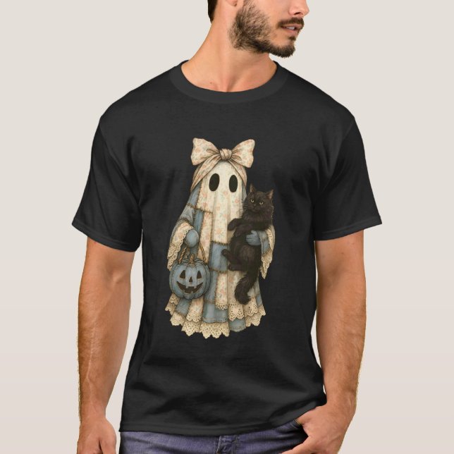 Blå Denim Katt Svart Spökpatchwork Halloween Kos T Shirt (Framsida)