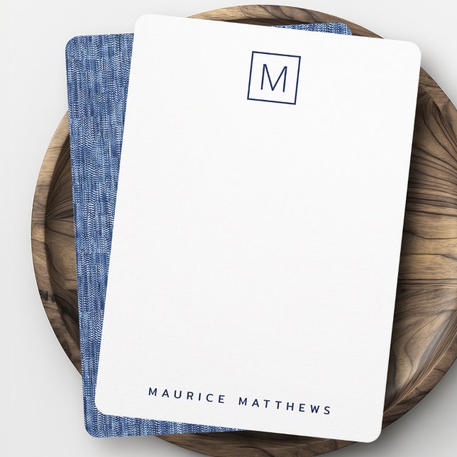 Blå denim monogram, första namn-plana anteckningskort (Blue denim monogram initial name flat note card)