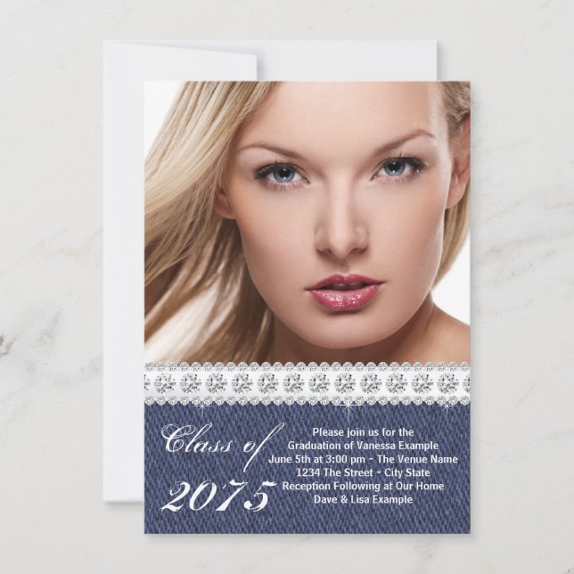 Blå Denim och Diamant Examen Inbjudan (Framsida)