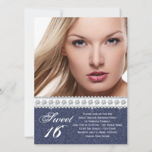 Blå Denim och Diamant Sweet Sixteen-fest Inbjudningar