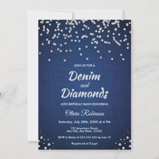 Blå Denim och Diamanter 40-årsdag  Inbjudningar