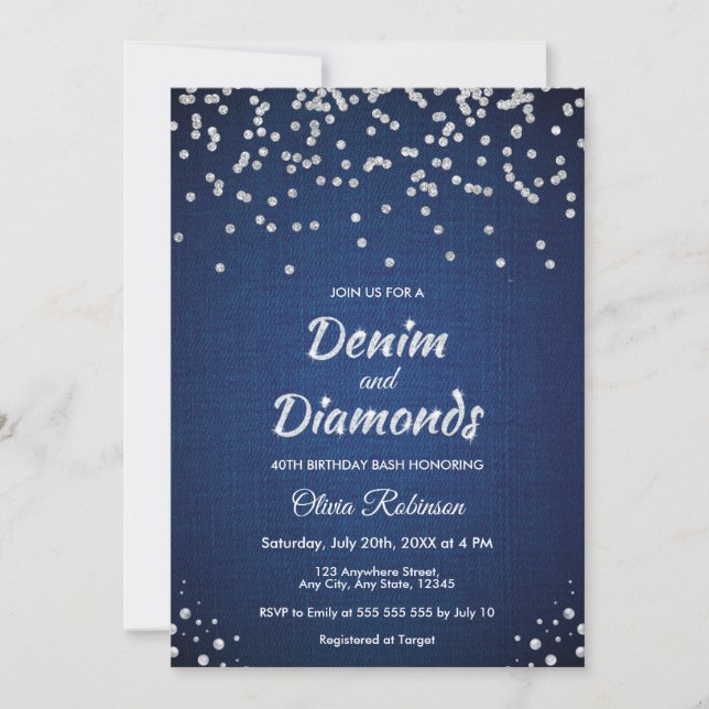 Blå Denim och Diamanter 40-årsdag  Inbjudningar (Framsida)