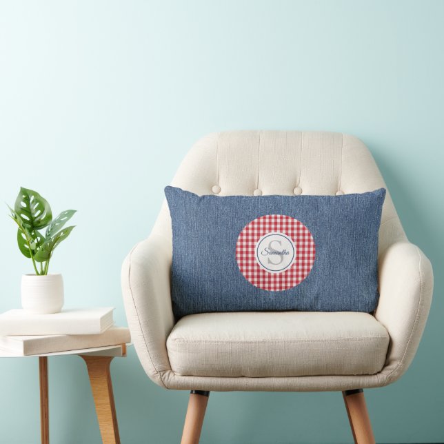 Blå denim, röd och vit dekorerad accent lumbarkudde (Stol)