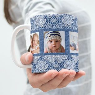 Blå denim snöre fotocollage-familj kaffemugg