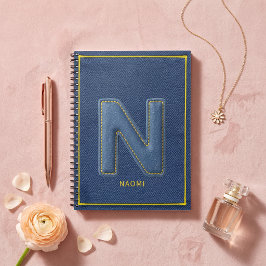 Blå Denim-struktur Gul söm Monogram N Anteckningsbok