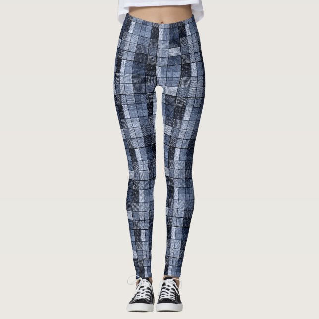 Blå, denim, tartan, plaid. leggings (Framsida)