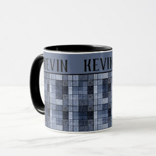 Blå, denim, tartan, plaid. Tvåtonkaffe mugg