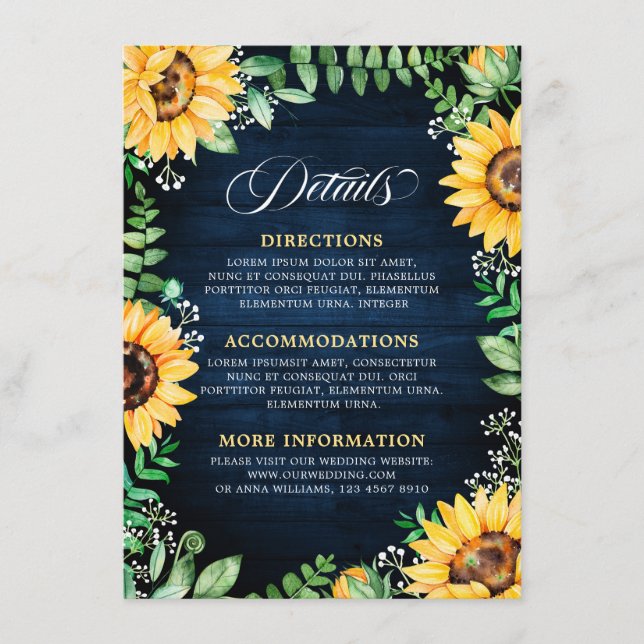 Blå detaljer om rustiska solblommor Babyns andedrä Tilläggskort (Framsida)